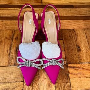 ZARA EMBELLISHED BOW HEELED SLINGBACKS PINK